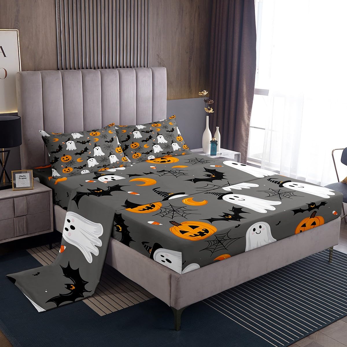 Feelyou Happy Halloween Bed Sheets Set Queen Size Cute Ghost Bedding for Kids Teens Pumpkin Lantern Bat Spider Cobweb Spooky Sheet with 16 Inch Deep Pockets Room Decor with 2 Pillow Case Soft 4Pcs