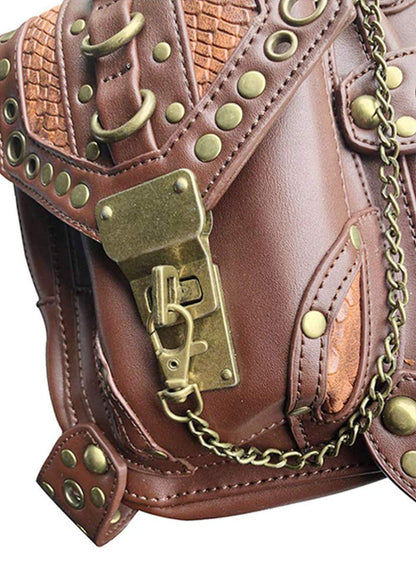 Steampunk Waist Bag Fanny Pack Fashion Gothic Leather Shoulder Crossbody Messenger Bags Thigh Leg Hip Holster Purse Travel Pouch Hiking Sport Chain Bags for Women Men brown