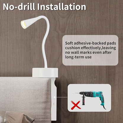 White Headboard Reading Light, No Drilling Wall Mounted Reading Lights for Bedside, Book Light for Bedtime Reading, Buttonless Dimmable Reading Lamp, Movable Gooseneck Reading Sconces for Bedroom