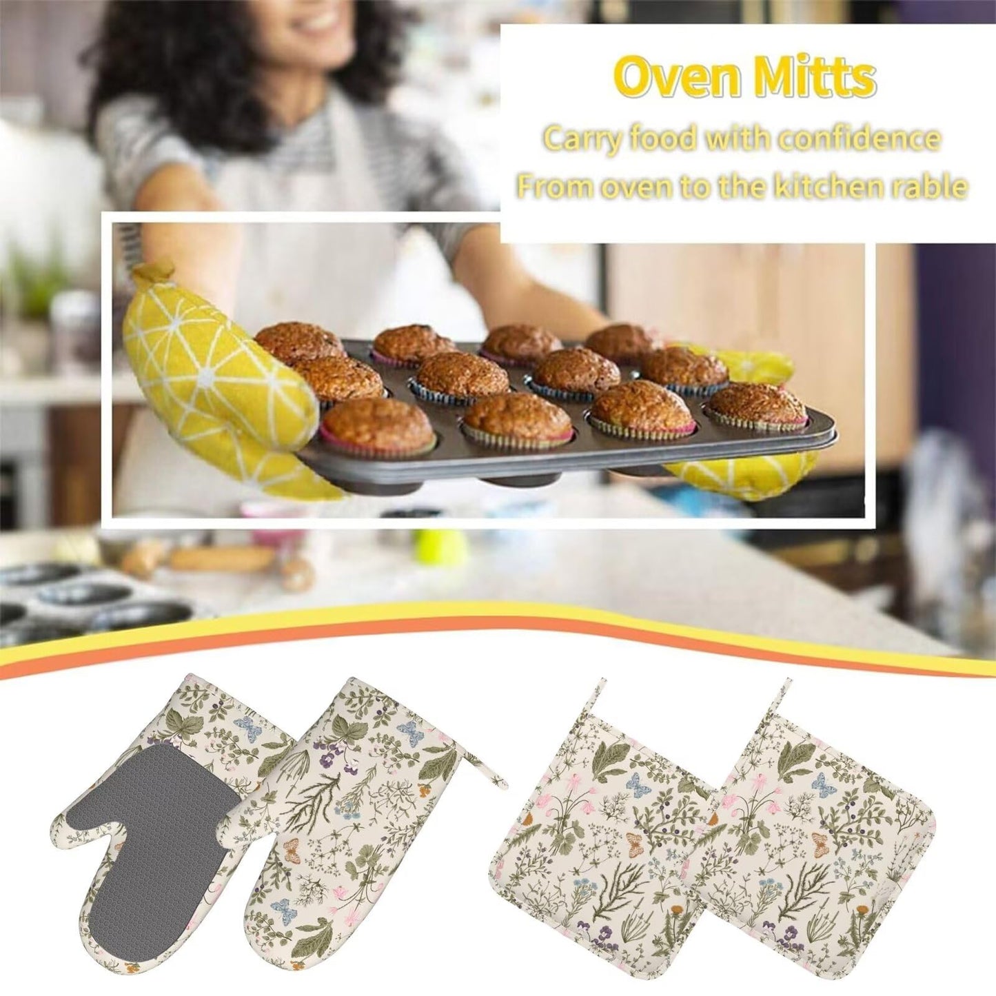 HEROARMOUR Vintage Wildflower Herbs Floral Rustic Butterfly Oven Mitts Pot Holders Cooking Apron Set of 5 Silicone Kitchen Glove Apron Non-Slip Heat Resistant for Chef Baking Cooking Grilling BBQ