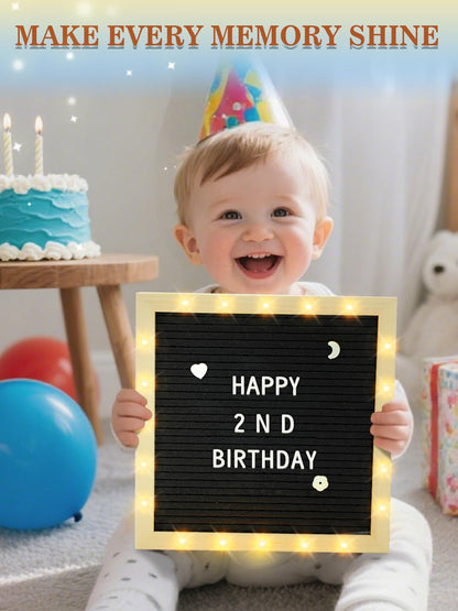 Changeable Felt Letter Board with LED Lights - 10×10" Message Custom Signs & Wood Stand& 450 Letters, Poster Board for Baby/Pregnancy Announcement/Classroom Wall Decor Gifts First Day of School, Black