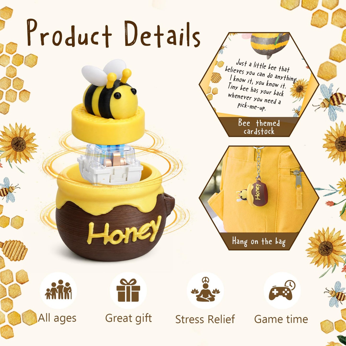 Junkin 24 Sets Bee Clicker Fidget Keychains Positive Gifts 3D Printed Honeybee Clicker Fidget Stress Relief Key Rings with Inspirational Cards for Graduation Teacher Employee Coworker Nurse