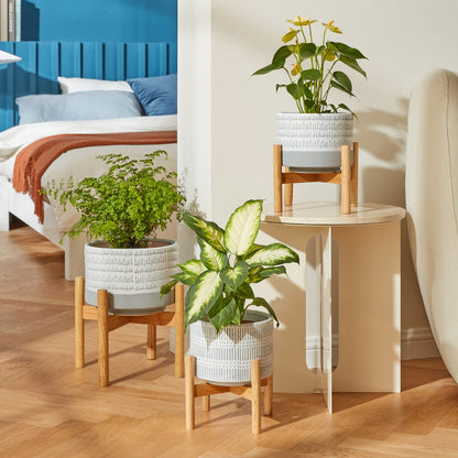 LA JOLIE MUSE Ceramic Plant Pot with Wood Stand - 7.3 Inch Modern Round Decorative Flower Pot Indoor with Wood Planter Holder, Slate Blue and White