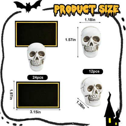 12pcs Halloween Skull Place Card Holders with 24 Cards, Skeleton Table Number Name Card Holder Gothic Photo Stands Display Centerpieces Halloween Table Setting Decor for Scary Birthday Wedding Party