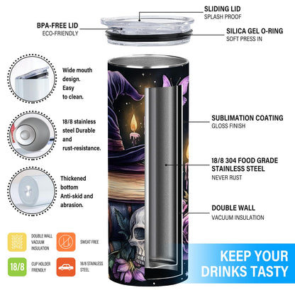 Halloween Witchy Magic 20oz Skinny Tumbler, Gothic Floral Stainless Steel Insulated Travel Mug with Lid, Purple Witch Hat Skull and Book Design, Spooky Gift for Mom Wife Sister Friends