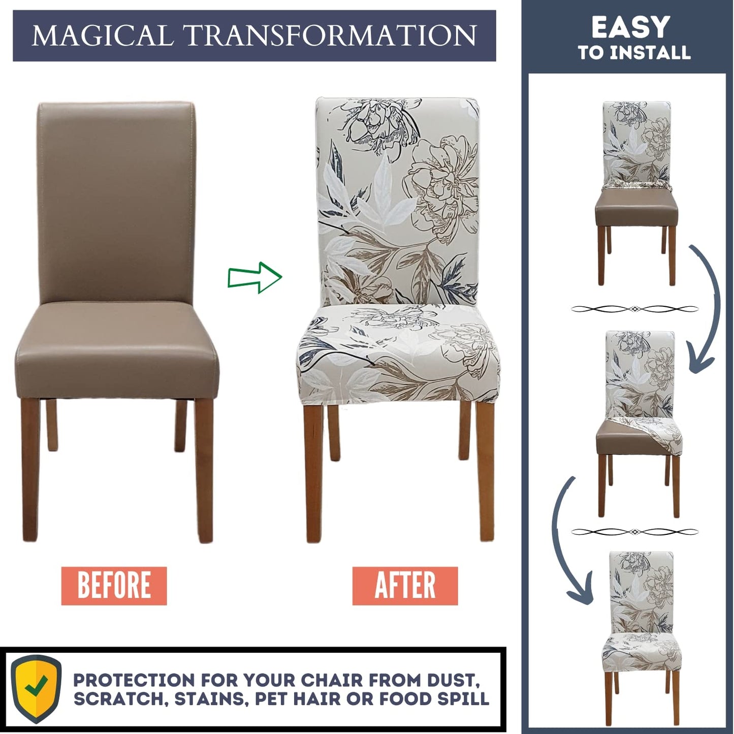 SPRINGRICO Chair Covers for Dining Room Set of 4, Stretch Dining Chair Cover, Washable Spandex Kitchen Parsons Chair Slipcovers, Removable Seat Protector for Home or Party (4 Pack, Floral Beige)