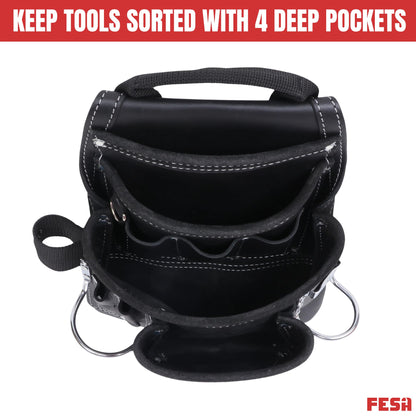 FESA Leather Carpenter Tool Pouch - 10-Pocket Heavy Top Grain Leather Carpenter Pouch with 2 Hammer Loops, Large & Small Pockets - Fits Work Belts up to 3" - Handcrafted (Black, Mexico)