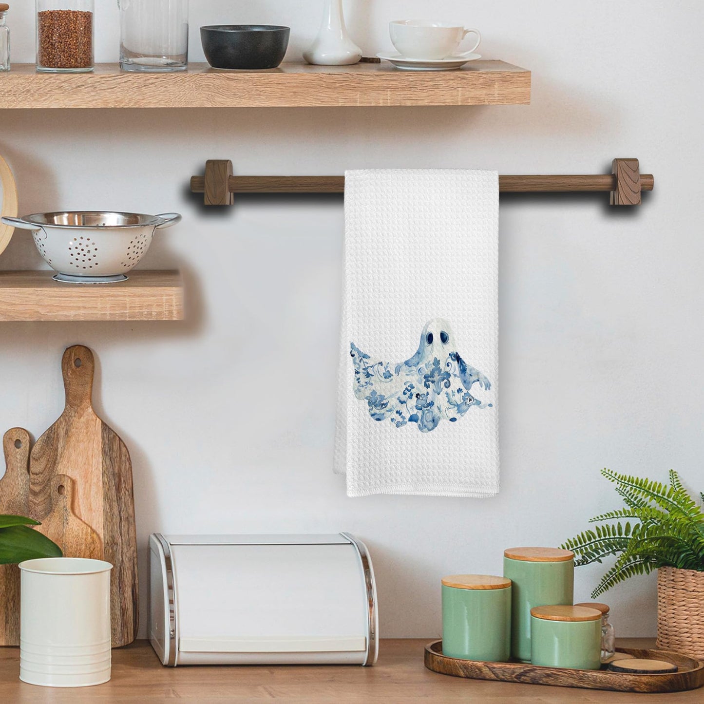 EGBTL Chinoiserie Halloween Ghost Kitchen Towels, Blue and White Chinoiserie Floral Ghost Hand Towels for Bathroom Decor, Grand Millenial Halloween Dishcloths Dish Towel for Kitchen 16x24 Inches