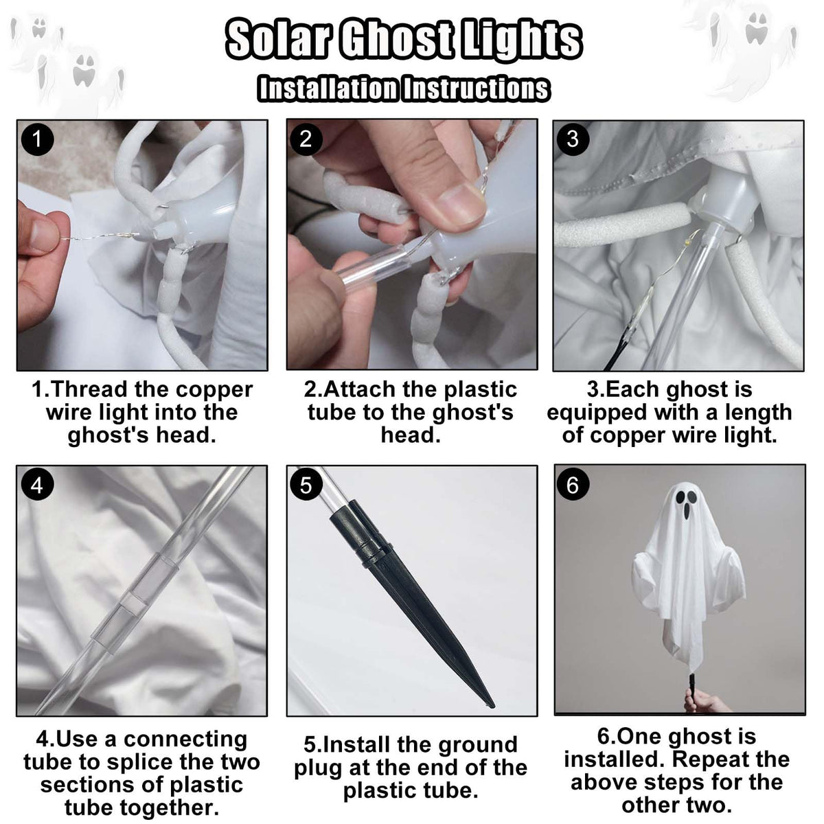 Solar Powered Halloween Decorations, 3 Pack Light Up Ghost Outdoor Path Pathway Kit Walkway Driveway Warm White Led Lights Solar Power Scary Yard Stakes Garden Lawn Decor