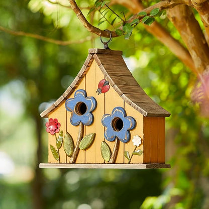Glitzhome Bird Houses for Outside, 10.75" L Distressed Solid Wood Hanging Birdhouse with 3D Flowers Rustic Two-Story Townhouse Hand-Painted Garden Bird Houses for Outdoors,Washed Yellow