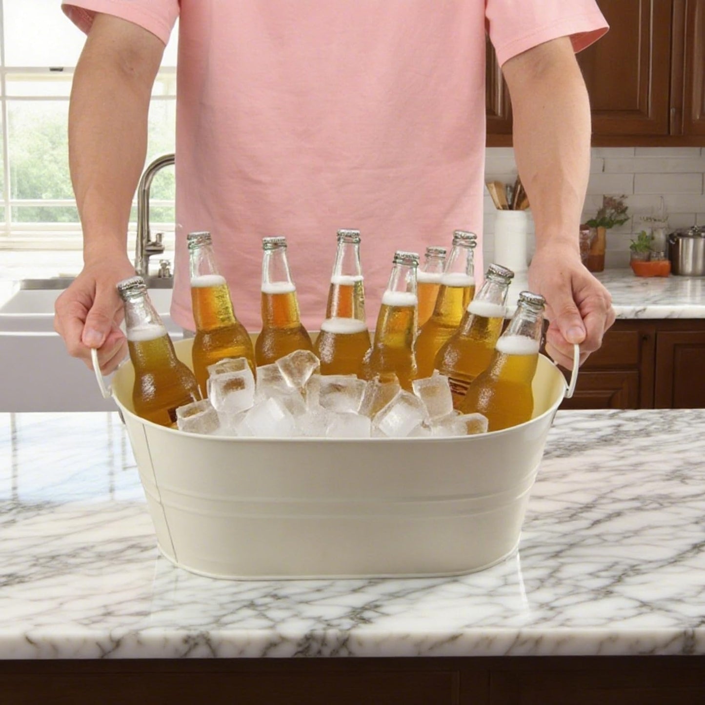 Biugaaufai 3 PCS 15.3 x 9 x 6 inches White Metal Galvanized Tub with Handles, 3 Gallon Galvanized Beverage Tubs for Parties, Large Metal Drink Ice Buckets for Beer, Wine, Cocktails & Outdoor Events