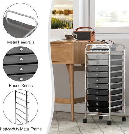 MEDIMALL 10 Drawers Rolling Storage Cart, Multipurpose Craft Storage Cart with Wheels, Mobile Tools Scrapbook Paper Organizer Cart for Office School Home Use