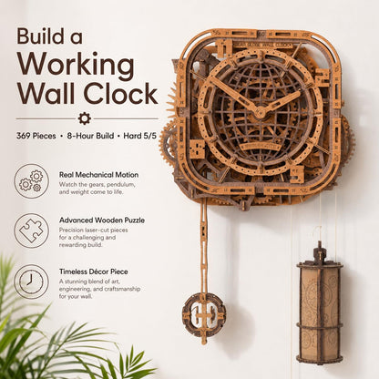 WOODEN.CITY 3D Wooden Puzzle – Gear Globe Wall Clock | Wooden Clock Puzzle Model Building Kit for Adults | 369 Pieces | Mechanical 3D Puzzle Clock | No Glue Required | Made in EU
