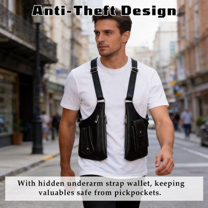Underarm Shoulder Bag for Men, Leather Double Shoulder Armpit Bag with Adjustable Design & Multi-Pocket, Premium Wallet Holster for Outdoors, Travel (Black)