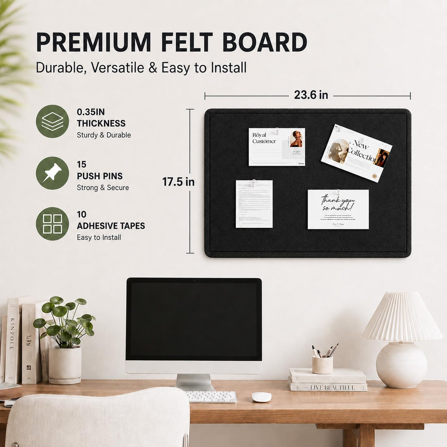Felt Bulletin Board for Wall 24" x 18" Unfolded Size, Small Frameless Felt Pin Board, Soft Cork Board Alternative for Office, Home Planning, Notes, Photos & Wall Decor, Foldable Shipping, Easy Install