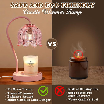 Funistree Flower Candle Warmer Lamp with Timer, Dimmable Candle Lamp Warmer, Christmas Birthday Gifts for Women Mom Her, Housewarming Home Decor, Lotus Wax Warmer for Yankee Candles - Full Pink