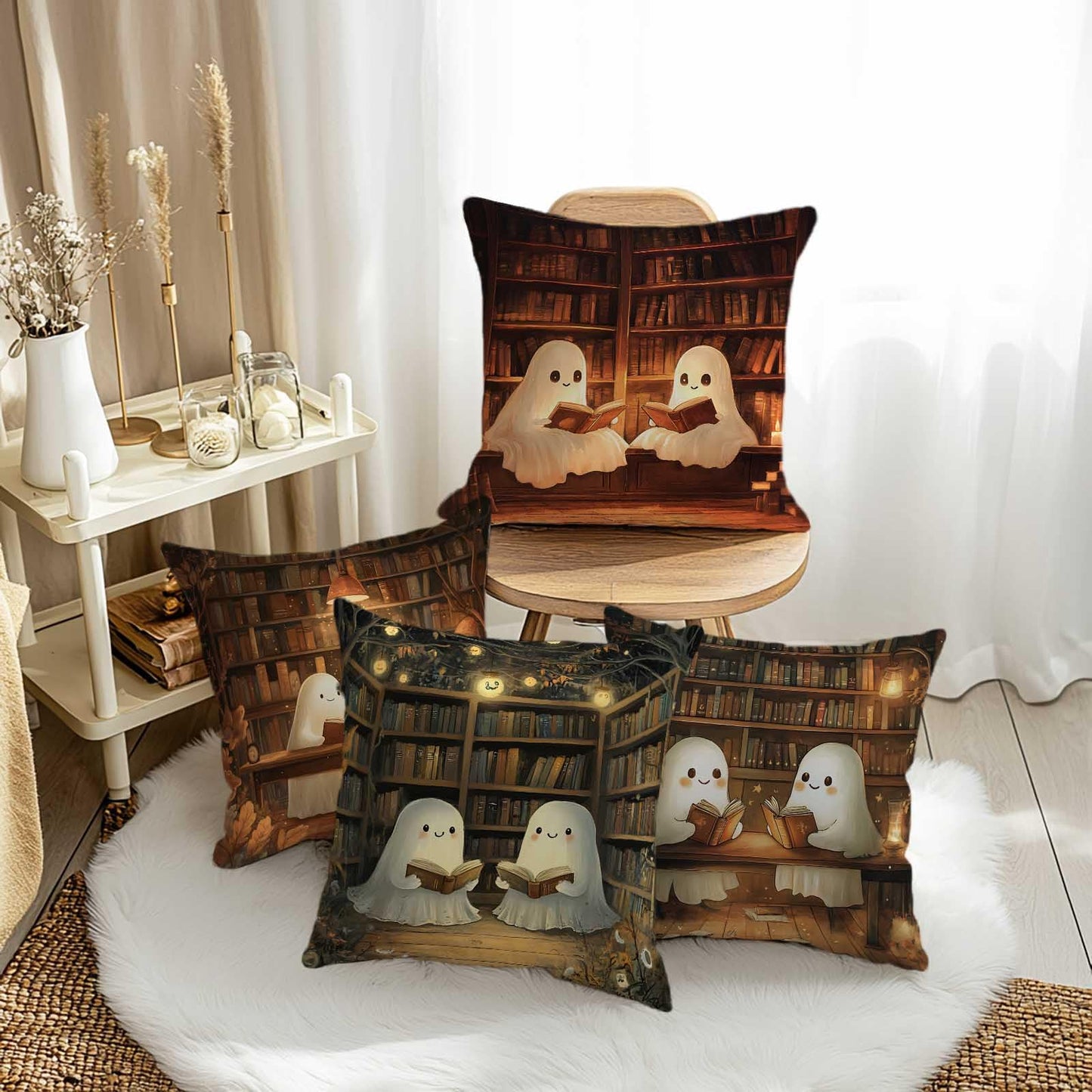 YucZiken Cute Ghost Reading Throw Pillow Covers 18x18 Set of 4 | Halloween Library Book Lover Cushion Cases for Couch Sofa | Spooky Cozy Decorative Square Pillowcases for Living Room Bedroom
