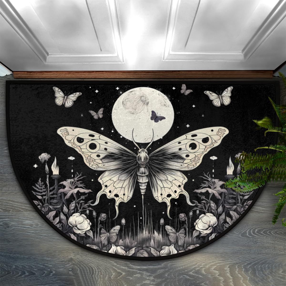 DXTKWL Retro Gothic Butterfly Half Round Door Mat Indoor Entrance, Moon Flower Non Slip Absorbent Doormats 24 x 36 inch Semi Circle Door Floor Mats Area Rugs for Home Kitchen Patio