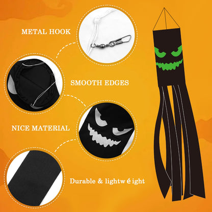 Luminous Halloween Windsock Flag,2 Pcs Black Happy Halloween Skull Spider Evil Face Outdoor Hanging Decoration Fluorescent Holiday Windsocks for Garden Patio Lawn Front Yard Tree Party Decor