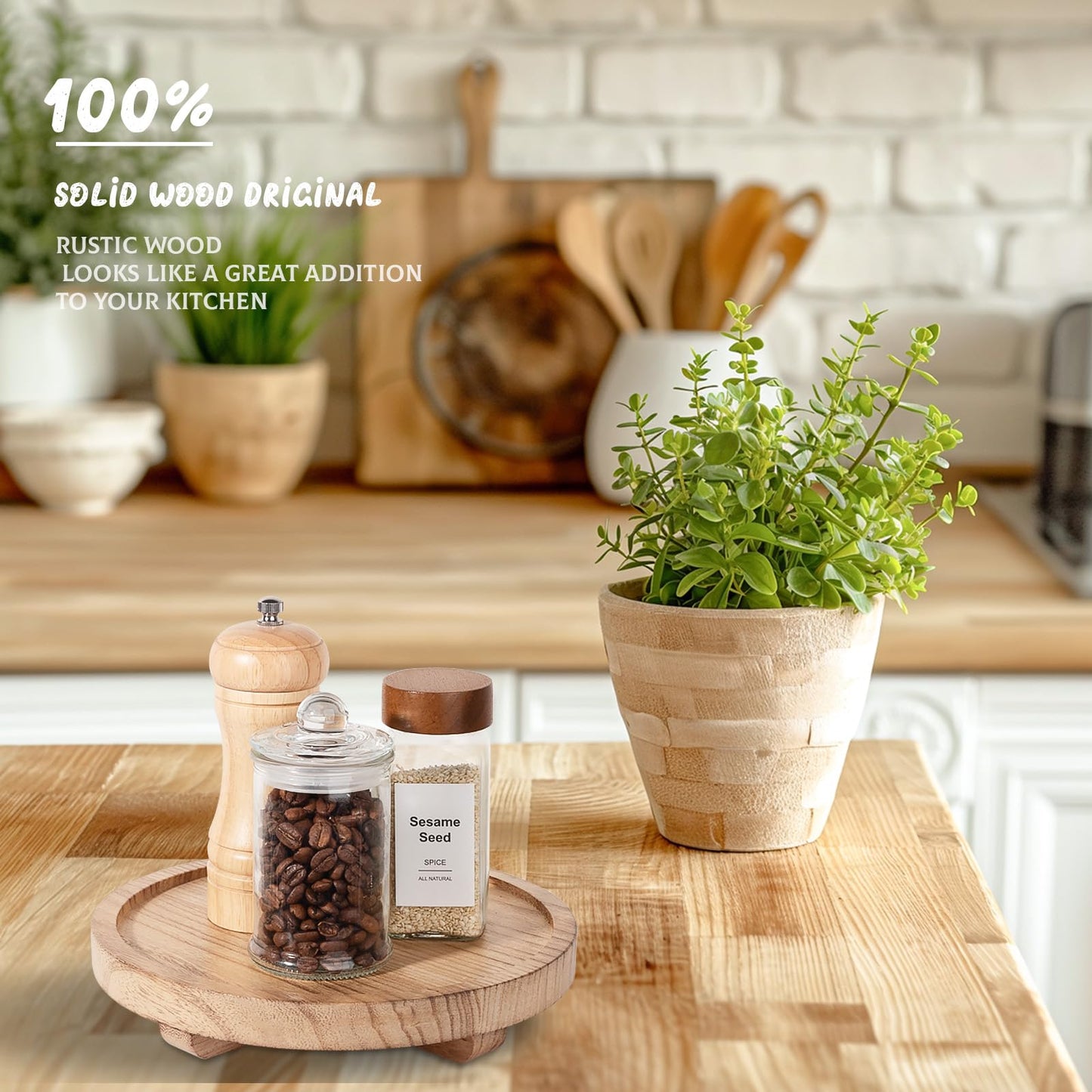 Round Decorative Tray Wood Bathroom Counter Organizer Farmhouse Kitchen Decor Wooden Riser for Soap Dish, Perfume, Candle, Sponge, 8" - Brown