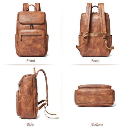 tiamyi leather travel backpack for men and women, flap top laptop backpack fits 17.0 inch computer with luggage strap and separate padded compartment, brown