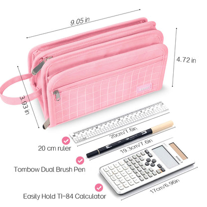 Sooez Large Pencil Case, Big Capacity Pencil Pouch Pen Bag with 3 Compartment, Portable Canvas Stationery Organizer with Zipper, Cute Aesthetic School Supplies for Teen Girls College, Pure Pink