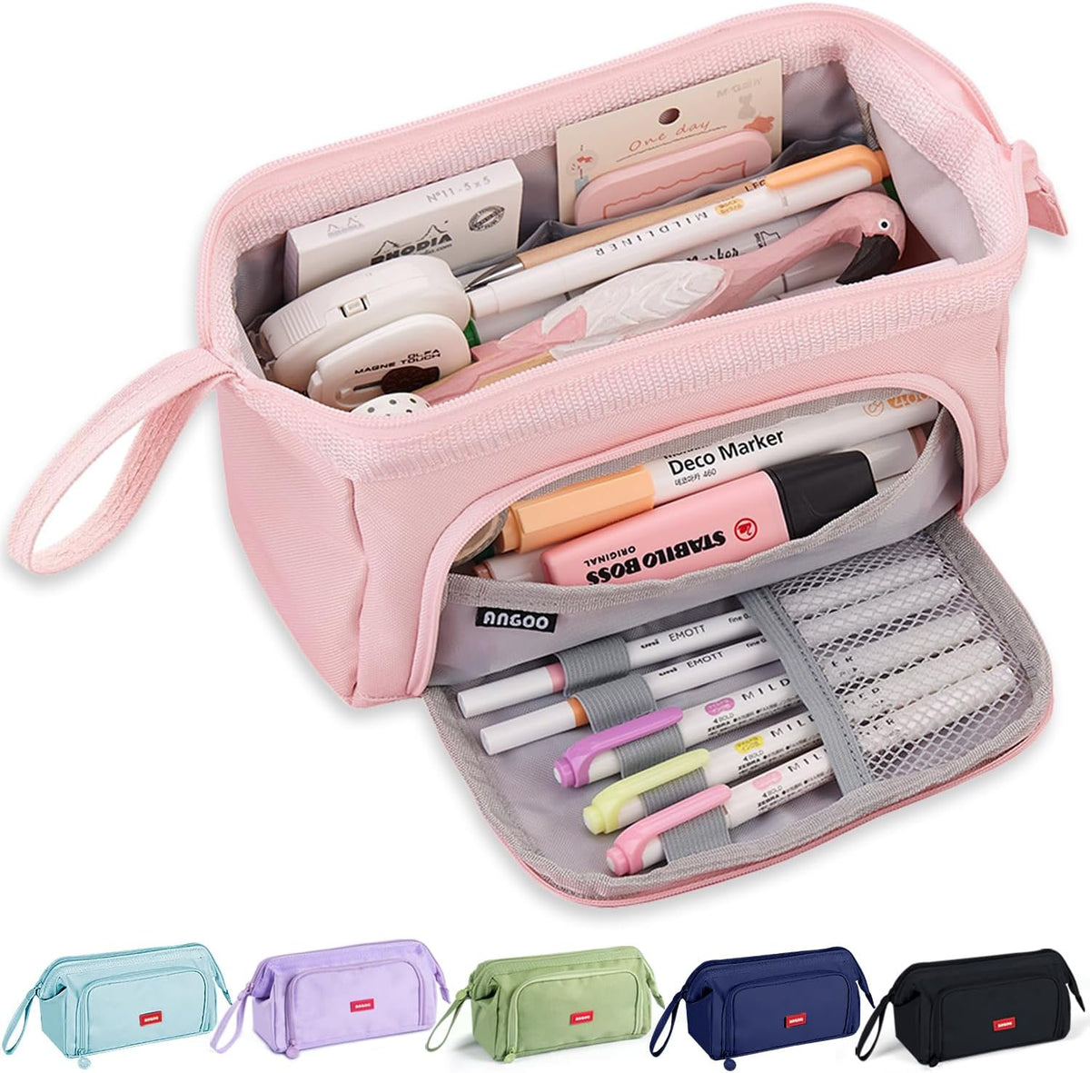 MAMUNU Pencil Case Pouch Large Capacity with Compartments, Pencil Case Pouch Bag with Zipper Handle for Teen Girls Adults Women, Portable Pen Bag Stationery Organizer for Office School Travel, Pink