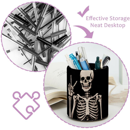 KikandKo Pen Holder For Your Desk, Leather Pencil Holder Easily Organizes All Pens and Desk Accessories, Human Skeleton Pen Cup For Your Office Decor