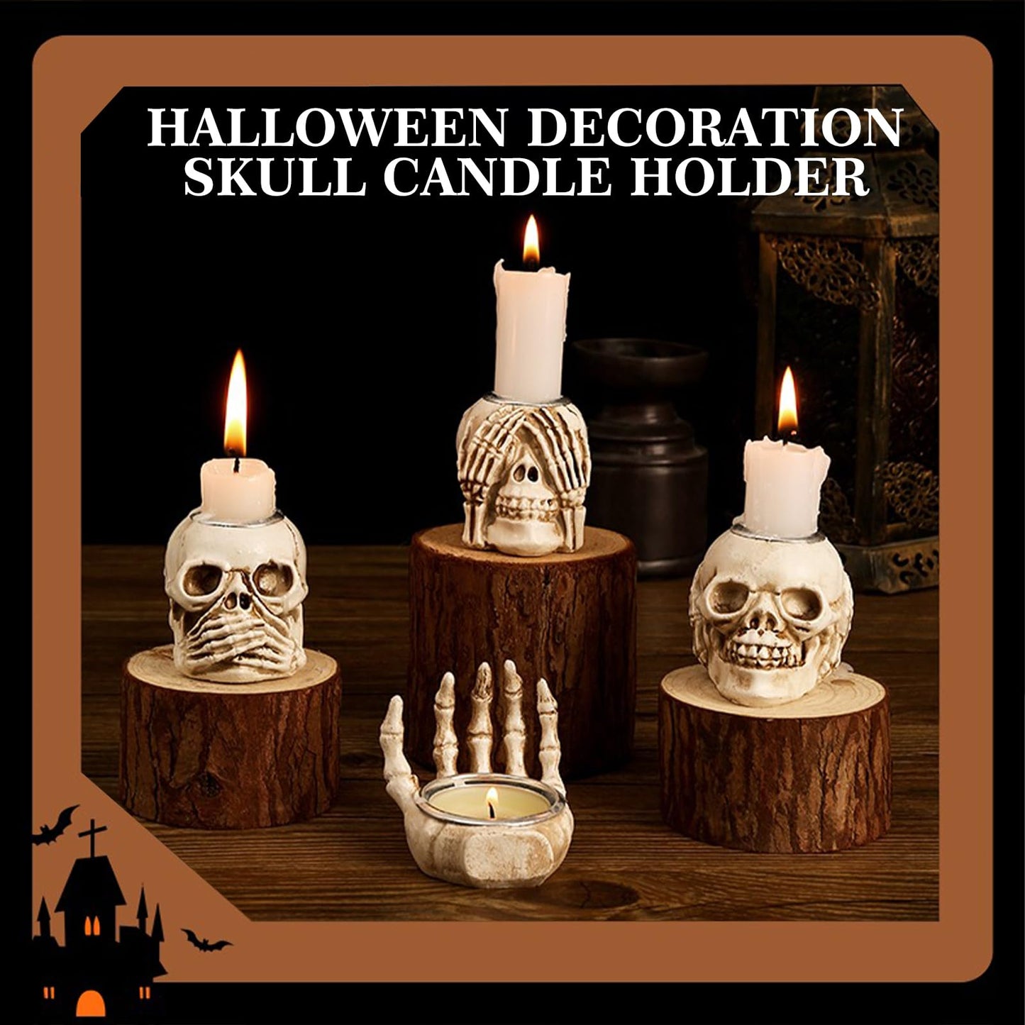 Whaline 4Pcs Halloween Candle Holder Gothic Skeleton Palm Skull Decor Mini Candlestick Holder Resin Tealight Holder for Home Tabletop Spooky Theme Party Decor Supplies
