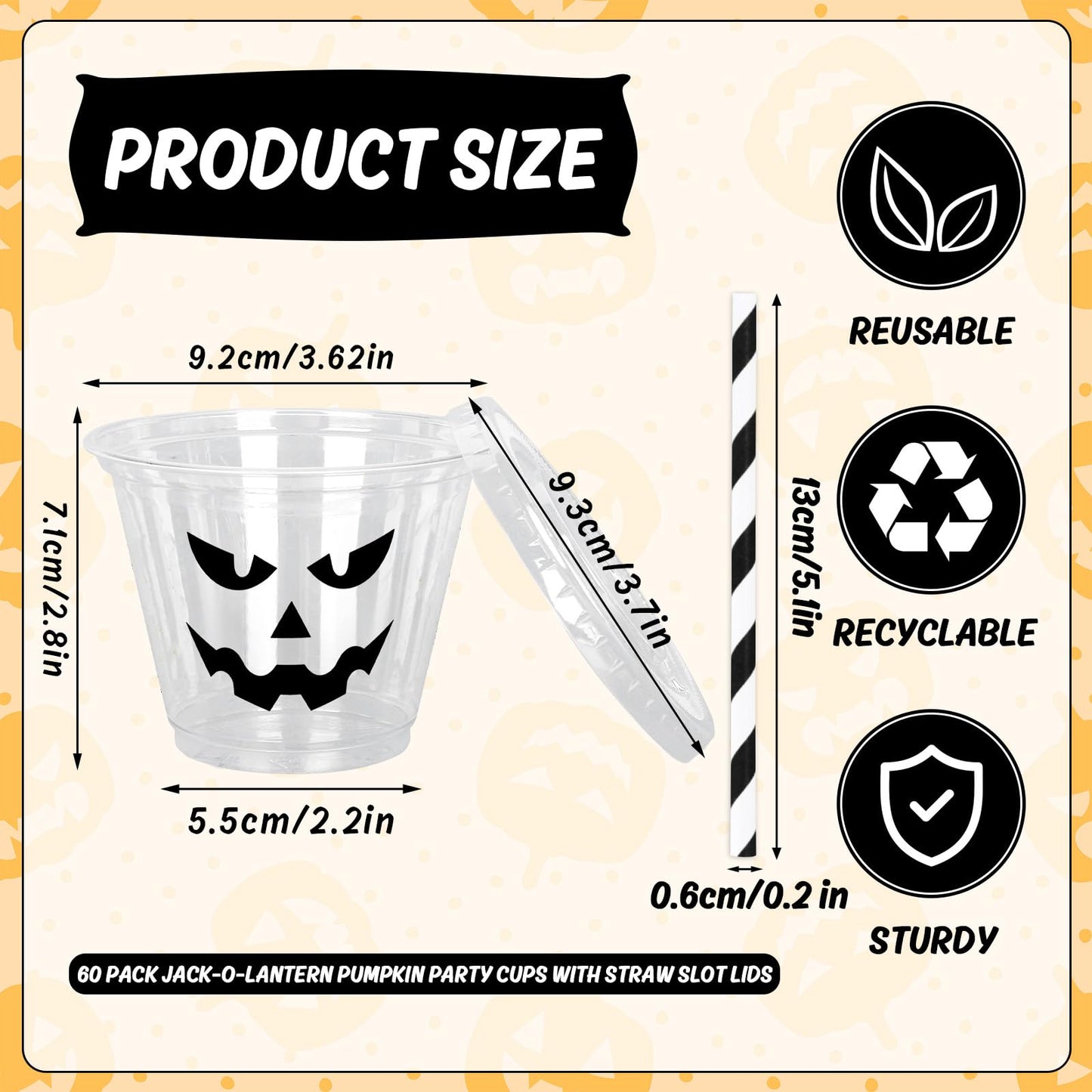 Whaline 60 Pcs 9 Oz Halloween Disposable Plastic Cups with Lids and Straws Black Evil Pumpkin Face Cold Beverage Drinking Cup for Trick or Treat Birthday Party Supplies