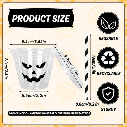 Whaline 60 Pcs 9 Oz Halloween Disposable Plastic Cups with Lids and Straws Black Evil Pumpkin Face Cold Beverage Drinking Cup for Trick or Treat Birthday Party Supplies