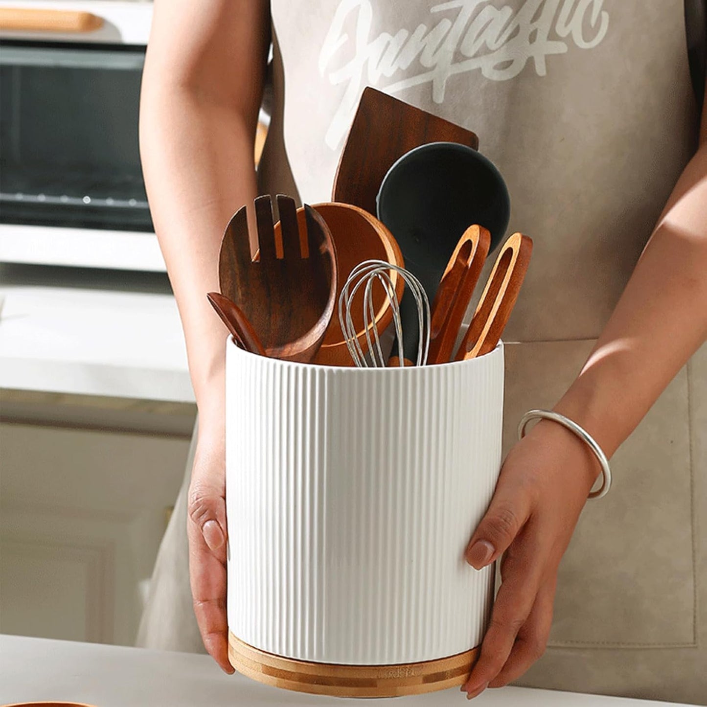 KSENDALO Large 360° Rotating Utensil Holder, Cream Milk White 7.76" Kitchen Crock for Cooking Utensils, Durable Countertop Storage for Home Kitchen