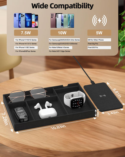 Valet Tray with Wireless Charger, Nightstand Organizer & Catchall Tray for Phone, Keys, Glasses and Accessories, Premium Linen, Stylish Desk & Bedside Storage Station, Black