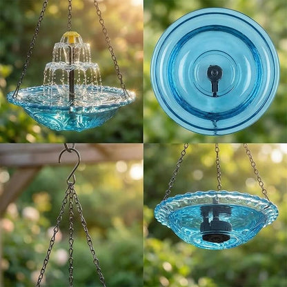 2026 Solar Cascade Hanging Bird Bath Fountain - 3 Layers Outdoor Water Feature for Hummingbirds, Easy-Clean 9.3" Glass Basin with Solar Powered Pump, Attract Wild Birds to Garden, Patio (Gray)