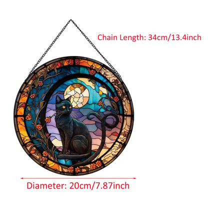 Payutou Black Cat Stained Glass Window Hangings,Suncatcher Stained Glass for Windows for Cat Lovers,20cm/7.87inch Hand-Painted Sun Catcher Garden Hangings Halloween Fall Christmas Decor for Home