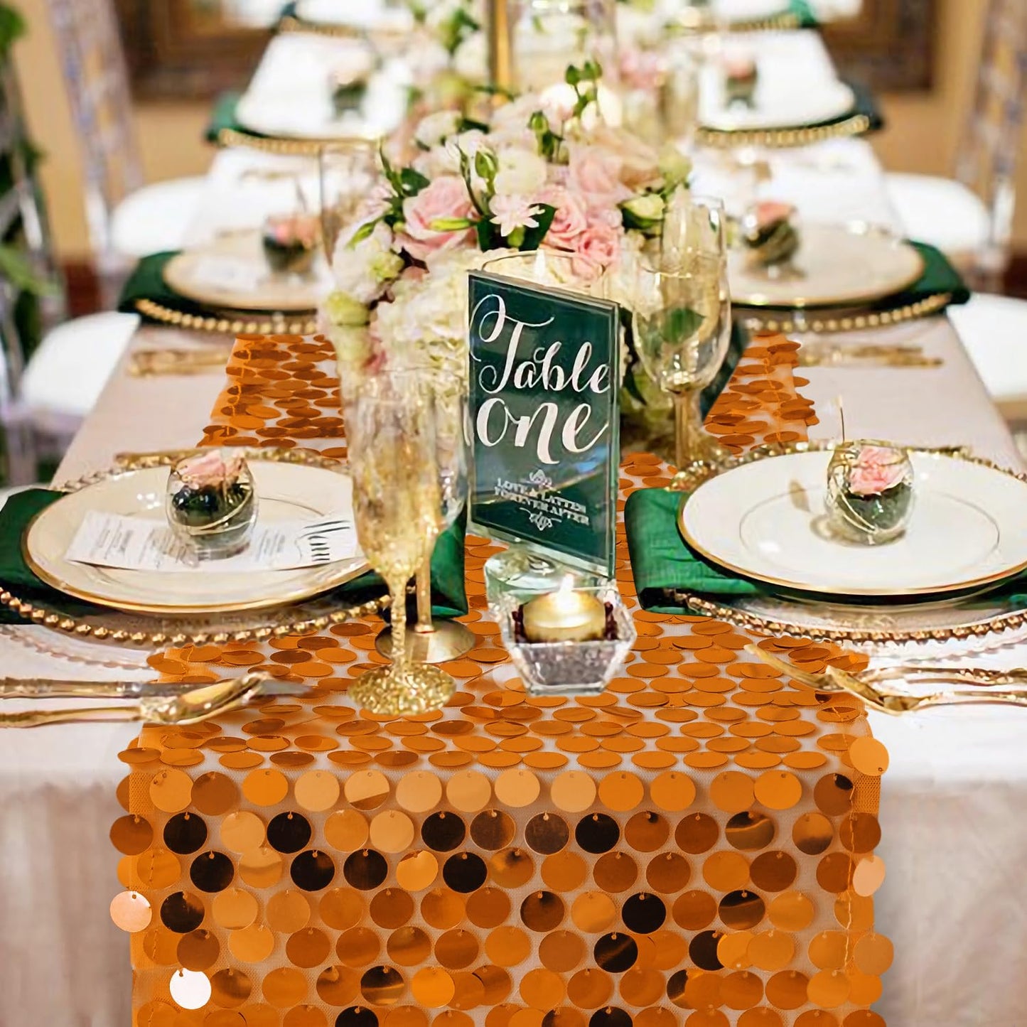 Pufogu 12 "x 108" Sequin Table Runner, Orange Glitter Premium Big Sequin Table Runner, Rectangle Table Runners for Halloween, Christmas, Wedding Party, Birthday Party, Banquet Decor (1 Pack).