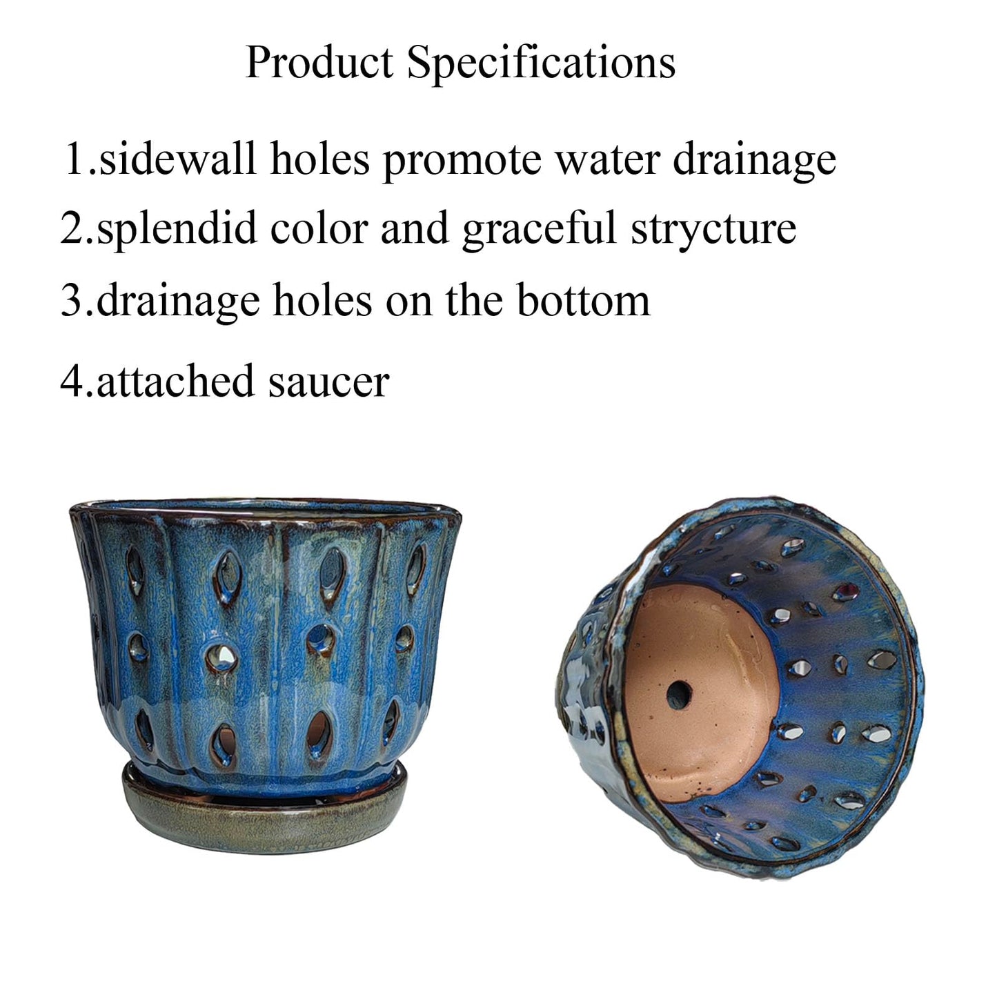 Grdthzey 6 inch Round Ceramic Orchid Pot with Holes Orchid Planter (Dark Blue)