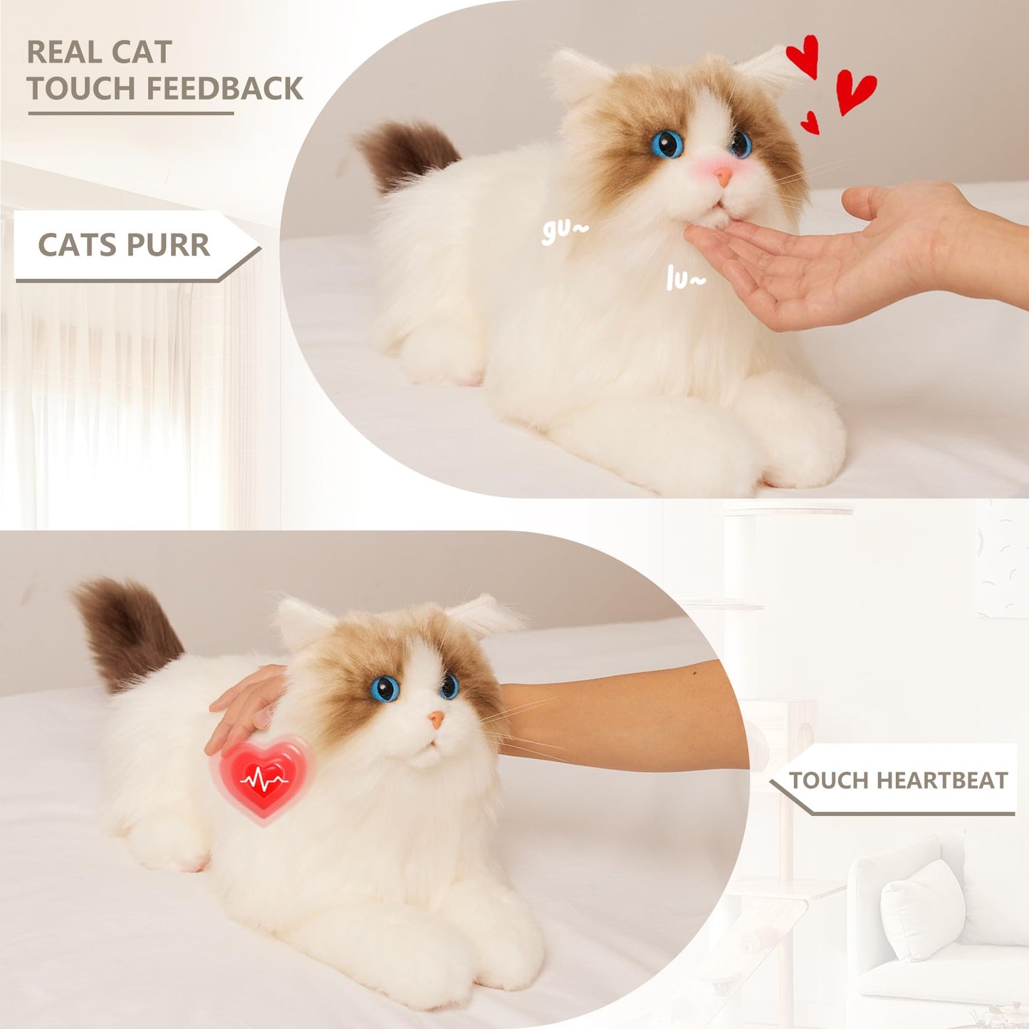 Chongker Interactive Robot Cat, Plush Stuffed Animal Toys, Bionic Motion, Purr and Heartbeat Sound, Lifelike Cat Companion for Children and the Elderly