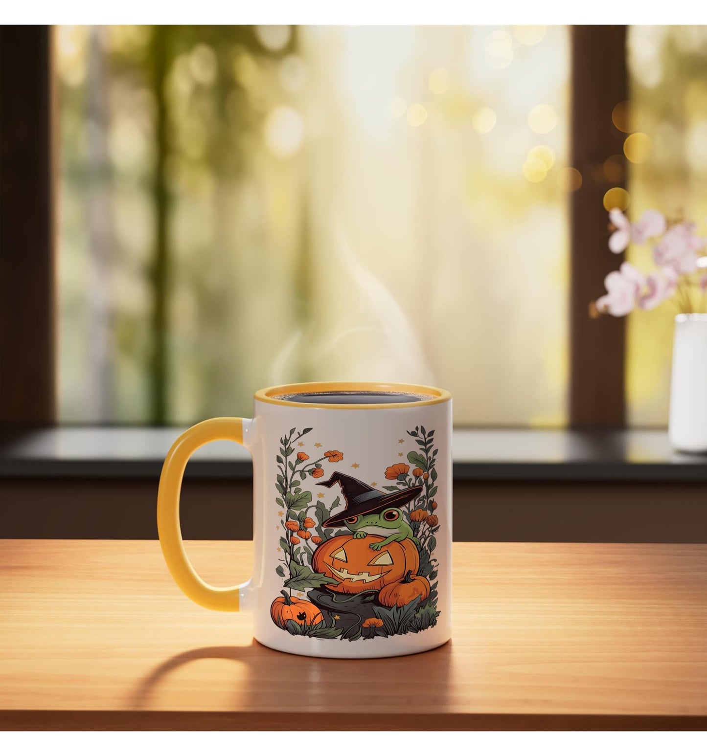 Halloween Frog Witch Hat Jack-o-Lantern Orange Flower Fall Ceramic Mug, Yellow/White