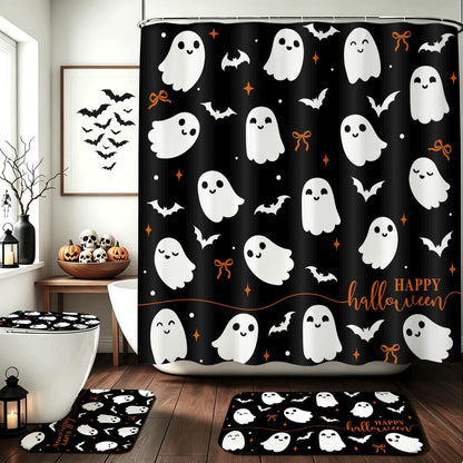 Mocsicka 4Pcs Halloween Shower Curtain Set Black Spooky Bow Ghost Shower Curtain Set for Halloween Bathroom Decor with Anti-Slip Waterproof Bathtub Bathroom Rugs Toilet Lid Cover