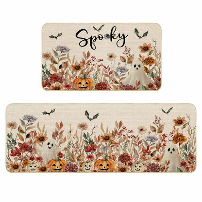Mocsicka Halloween Kitchen Mats Set Spooky Ghost Pumpkin Kitchen Rug Gothic Floral Spider Bats Kitchen Mat for Halloween Kitchen Decor Non-Slip Washable Ghost Rug, 17 X 29 and 17 X 47 Inch