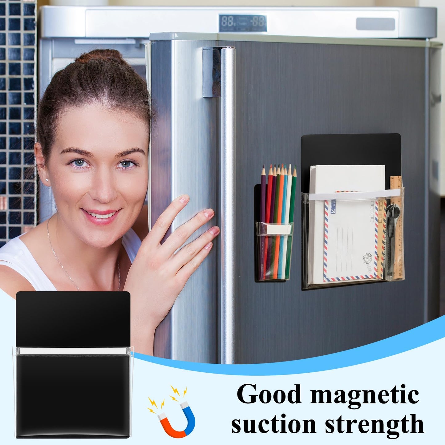 Henoyso 10 Packs Black Magnetic File Holders, Self-adhesive Magnetic File Holder for Recipe, Notes, Tools - Strong Magnet Backing for Fridge, Whiteboards, and Metal Surfaces ( 9.5 x 12 In, 2.4 x 6 In)