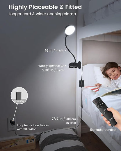 Glocusent 5W 36 LED Reading Clip on Light for Bed, Eye Caring Bed Lamp, 3 Colors & 5 Brightness Levels for Headboard with Adapter, Perfect for Reading, Working & Studying (Black with Remote)
