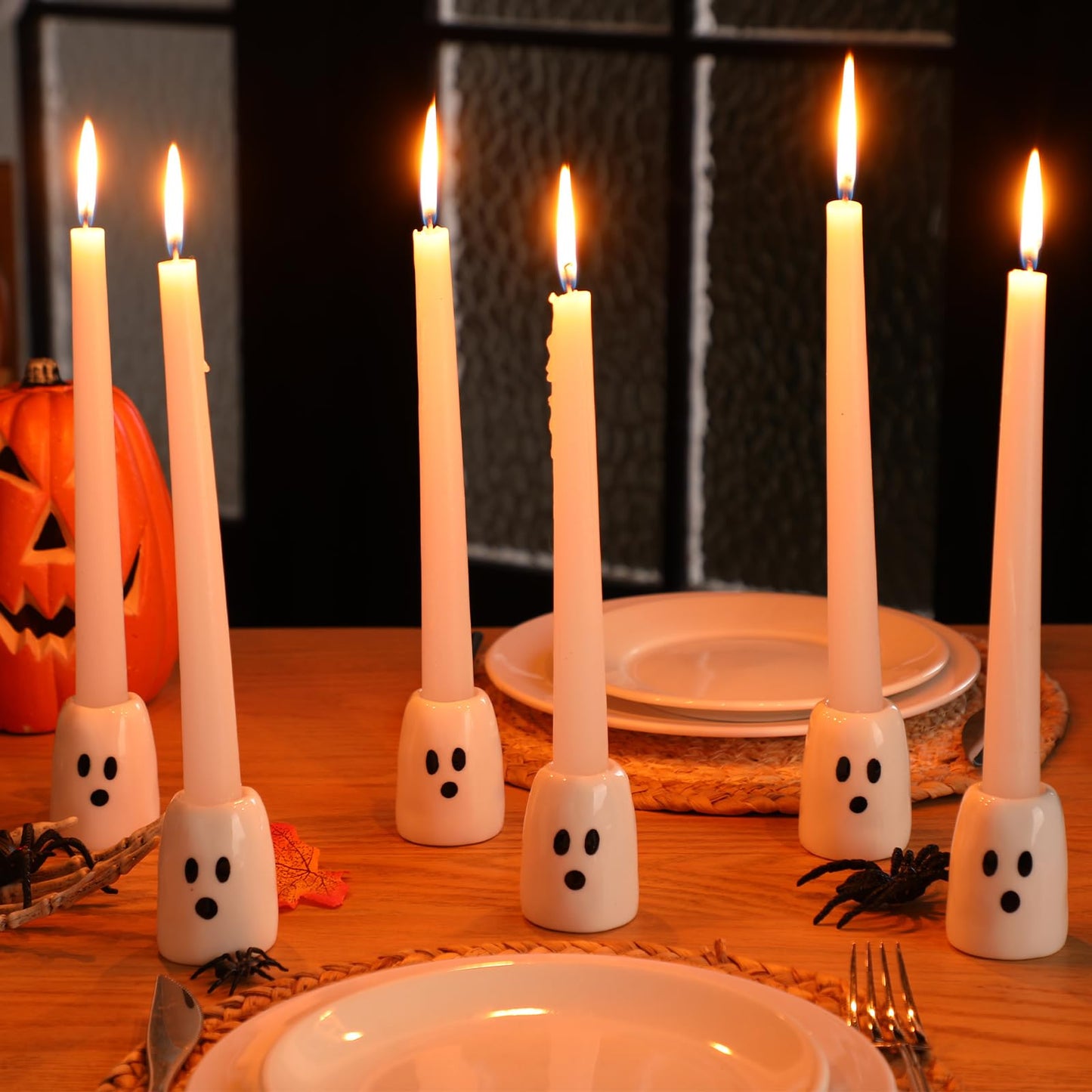 GlikCeil 6 Pcs Halloween Ghost Candlestick Holders, Depth of 2.3 in, Ceramic, Halloween Taper Candleholder Cute Ghost Candle Stick Holders for Wedding Party Office Home Table Centerpiece Decorative