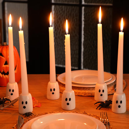 GlikCeil 6 Pcs Halloween Ghost Candlestick Holders, Depth of 2.3 in, Ceramic, Halloween Taper Candleholder Cute Ghost Candle Stick Holders for Wedding Party Office Home Table Centerpiece Decorative