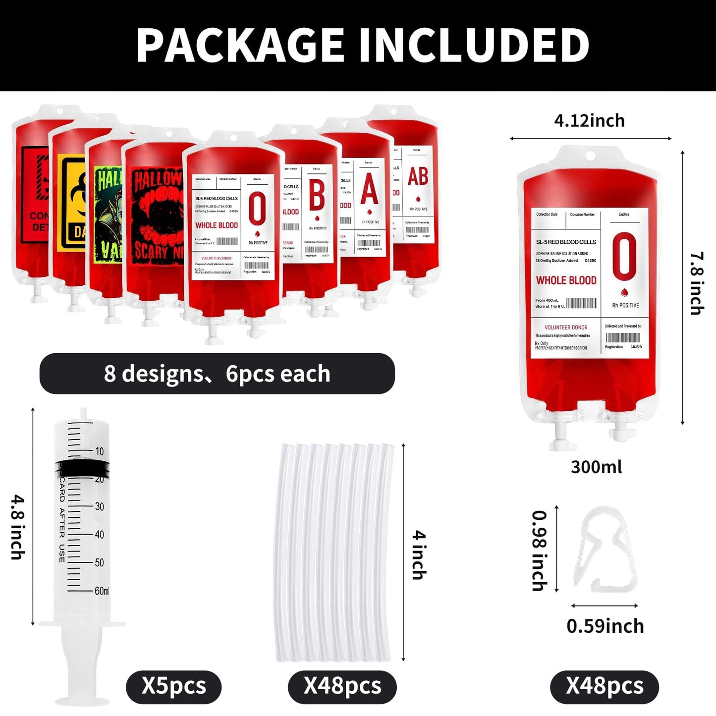 Garma 48 Pack 10oz Blood Bags for Drinks, 8 Design Halloween IV Bag for Drinks Reusable Drink Pouches Containers with Syringes Clips Pouch Prop for Vampire Zombie Hospital Theme Party Favors Supplies