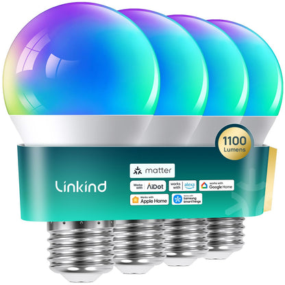 Linkind Matter Smart Light Bulb, Smart Bulbs Work with Apple Home, Siri, Alexa, Google Home, SmartThings, Color Changing Light Bulbs Music Sync RGBTW, Mood Lights, 2.4Ghz WiFi A19 E26 60W 800LM 6 Pack