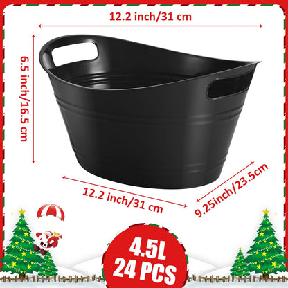 Norme 24 Pcs Oval Storage Tub with Handles, 4.5l Plastic Ice Buckets Bulk for Wine Beer Champagne Drink Cooler Beverage Storage Tub for Parties BBQ Weddings Party Outdoor Celebration(Black)