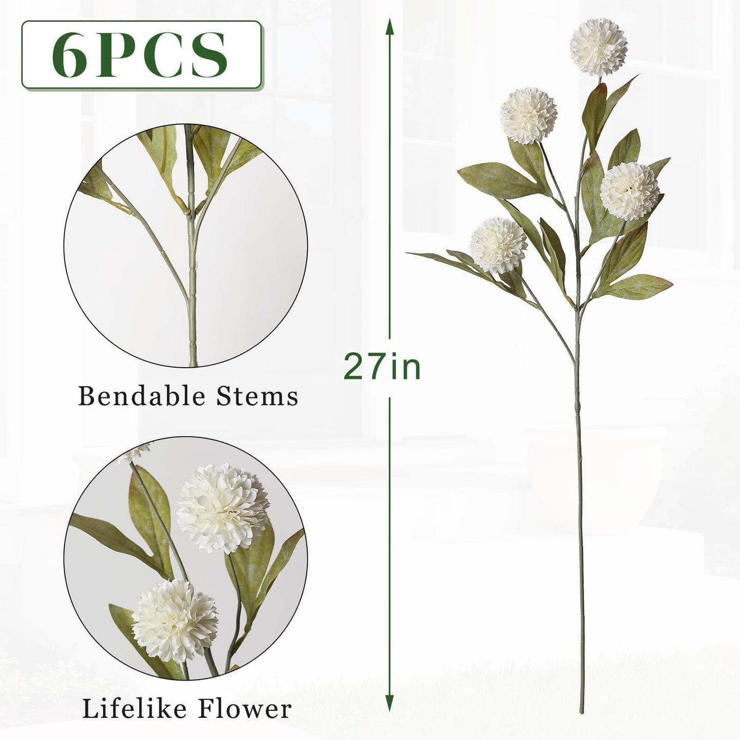 Juxdp 6 PCS Artificial Pompon Mum Branches for Vase - 27" Fake Silk Chrysanth Stems Look Real Faux Flowers for DIY Bouquet, Table Centerpieces, Farmhouse, Home Decor (Cream)