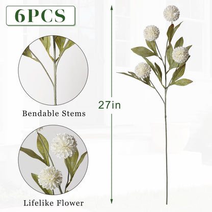 Juxdp 6 PCS Artificial Pompon Mum Branches for Vase - 27" Fake Silk Chrysanth Stems Look Real Faux Flowers for DIY Bouquet, Table Centerpieces, Farmhouse, Home Decor (Cream)